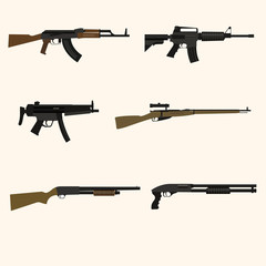 Firearm set. Automatic rifle, machine gun. Flat design. Vector illustration