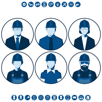 Flat silhouettes of construction workers. Round icons with male and female portraits of engineers isolated on white background. Set of vector avatars.
