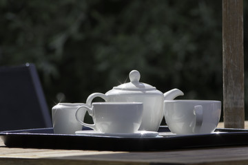 Summer garden afternoon tea party. White crockery teapot cups and saucers on garden table.
