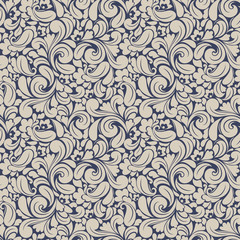 Seamless background baroque style blue and beige. Vintage Pattern. Retro Victorian. Ornament in Damascus style. Elements of flowers, leaves. Vector illustration. Wallpaper, print packaging, textiles.