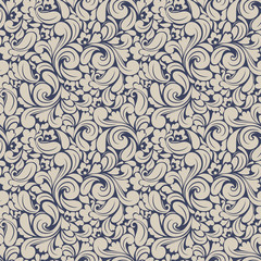 Seamless background baroque style blue and beige. Vintage Pattern. Retro Victorian. Ornament in Damascus style. Elements of flowers, leaves. Vector illustration. Wallpaper, print packaging, textiles.