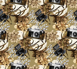 Watercolor pattern with vintage camera and succulents