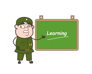 Cartoon Army Man with Presentation Board Vector Illustration
