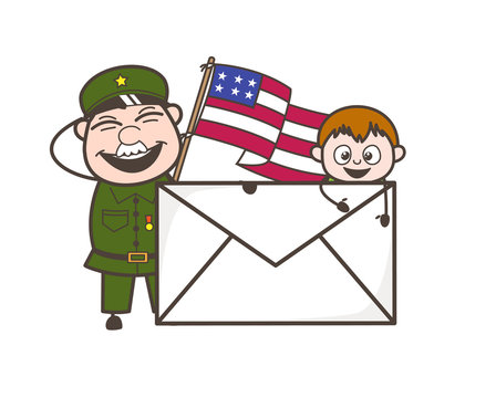 Cartoon Army Man Holding a US Flag and Letter with Kid Vector Illustration