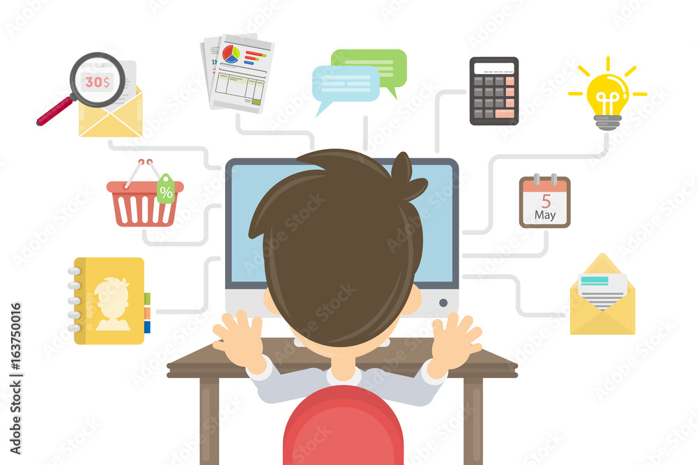 Poster man with computer.
