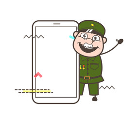 Cartoon Old Army Man Presenting a Smartphone Vector Illustration