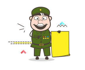 Cartoon Army Man Holding a Parchment Banner Vector Illustration