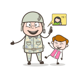 Cartoon Army Man with Kid Making Fun on Call Vector Illustration