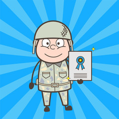 Cartoon Army Man Showing Award Certificate Vector Illustration