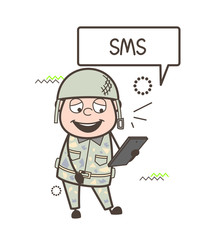 Cartoon Army Man Laughing After Reading Sms Vector Illustration