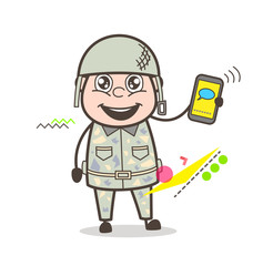 Cartoon Army Man Showing Message in Phone Vector Illustration