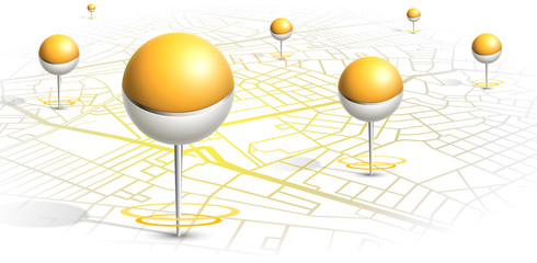 GPS.pin dropping gold yellow color in map on white background.long shot