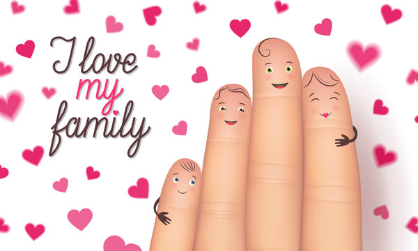 Family day card. Realistic cute fingers close together. Special bond to cherish forever. Flat style vector illustration isolated on white background with red hearts