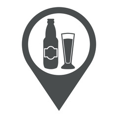 Icono plano localizacion botella y vaso cerveza ale gris