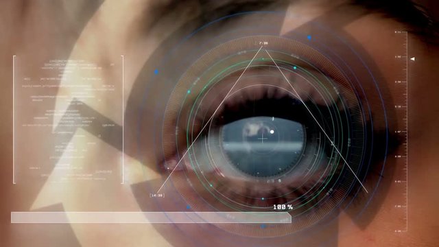 Smart city, digitalization and security. Human eye being scanned by a scanner interface, extreme macro shot, gray eye pupil eye female, close-up.