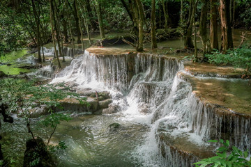 Huay Mae khamin waterfall in National Park Srinakarin, Kanchanaburi, western of Thailand in dark tone