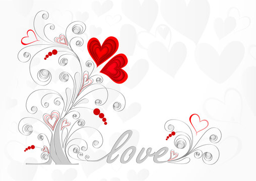 white love tree with curls and red hearts on a gray background