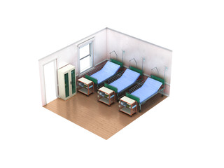 Isometric medical room three bed 3d render not white background no shadow