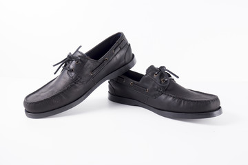 Male Black Shoe on White Background, Isolated Product, Top View, Studio.