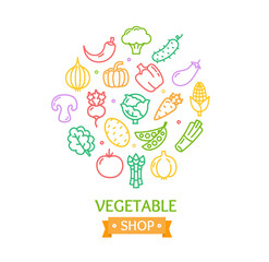 Vegetables Food Shop Color Round Design Template Outline Icon Concept. Vector