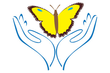 Naklejka premium Abstract Hands Embracing a Yellow Butterfly