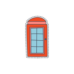 Hand drawn patch badges with United Kingdom symbol - red telephone booth. Sticker, pin and patch in cartoon 80s-90s comic style