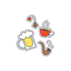 Hand drawn patch badges with United Kingdom symbol - beer and tea. Sticker, pin and patch in cartoon 80s-90s comic style