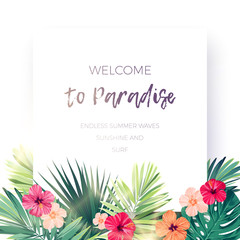Green summer tropical background with exotic palm leaves and hibiscus flowers. Vector floral background. © Ms.Moloko