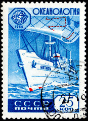 UKRAINE - CIRCA 2017: A postage stamp printed in USSR shows Ship Vityaz. Oceanology. International Geophysical Cooperation, from the series Geophysic, circa 1959