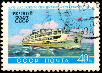 UKRAINE - CIRCA 2017: A postage stamp printed in USSR shows ship and Inscription Passenger Diesel-electric River Fleet of USSR, from the series Domestic fleet, circa 1960