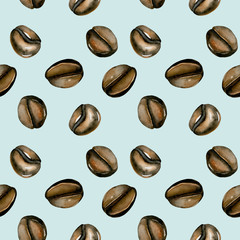 Seamless pattern with watercolor coffe beans, hand painted isolated on a warm blue background