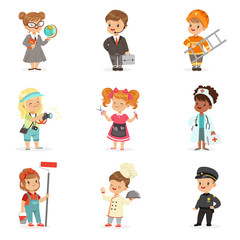 Set of cartoon professions for kids. Smiling little boys and girls in work wear vector illustrations