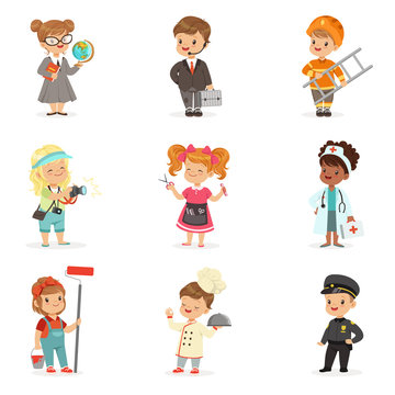 Set of cartoon professions for kids. Smiling little boys and girls in work wear vector illustrations
