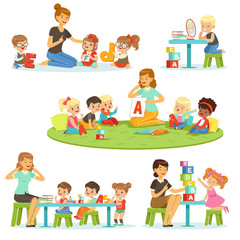 Teacher explaining alphabet to children around her set. Smiling little boys and girls playing and studying in kindergarten vector illustrations