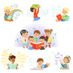 Cute little kids reading fairy tales set. Childrens dream world colorful vector illustrations