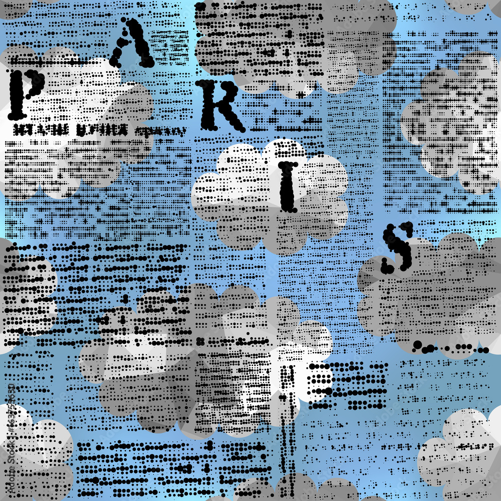 Poster seamless background pattern. imitation of a newspaper with halftone word of paris.