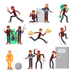 Criminal offender in different actions vector set. Burglar and thief cartoon characters