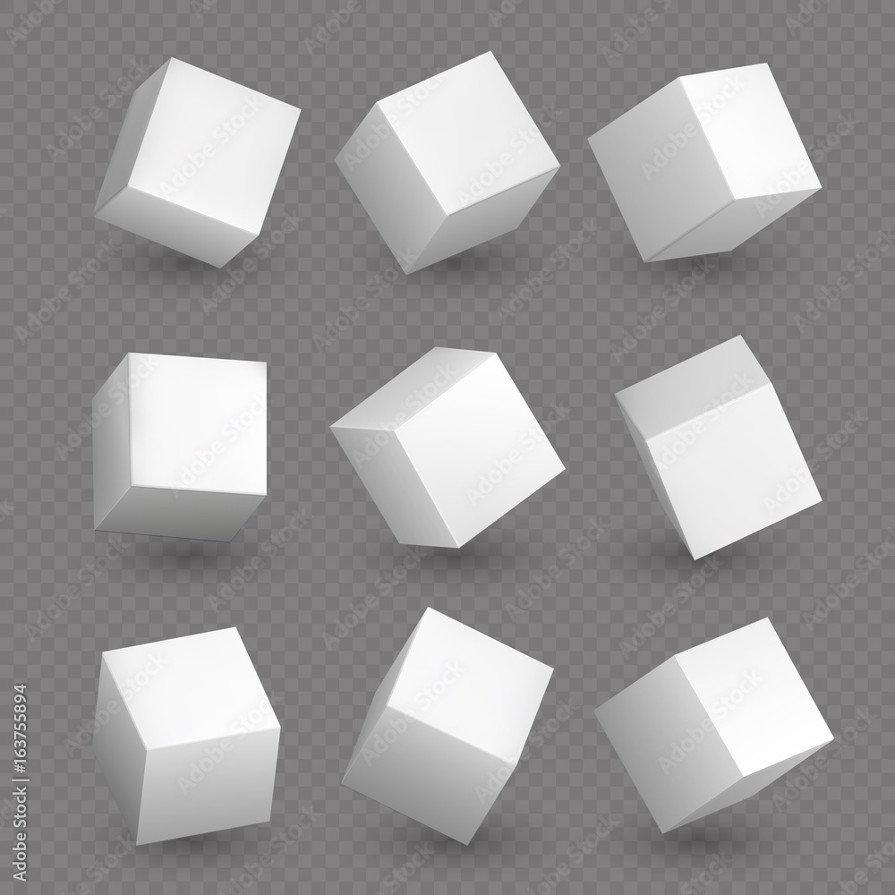 Poster isolated 3d cubics. white cubes or box shapes with shadows vector set