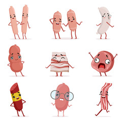 Cute funny humanized sausage, bacon, salami showing different emotions set of colorful characters vector Illustrations