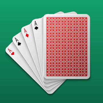 Four Aces Poker Playing Card On Game Table. Casino Big Win Gamble Vector Background