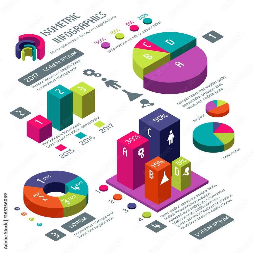 Poster isometric 3d business vector infographic with color diagrams and charts