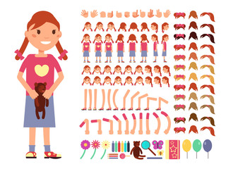 Cartoon cute little girl character. Vector creation constructor with different emotions and body parts