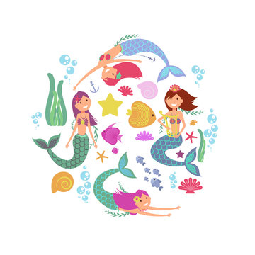 Cartoon swimming mermaids and sea underwater animals vector collection