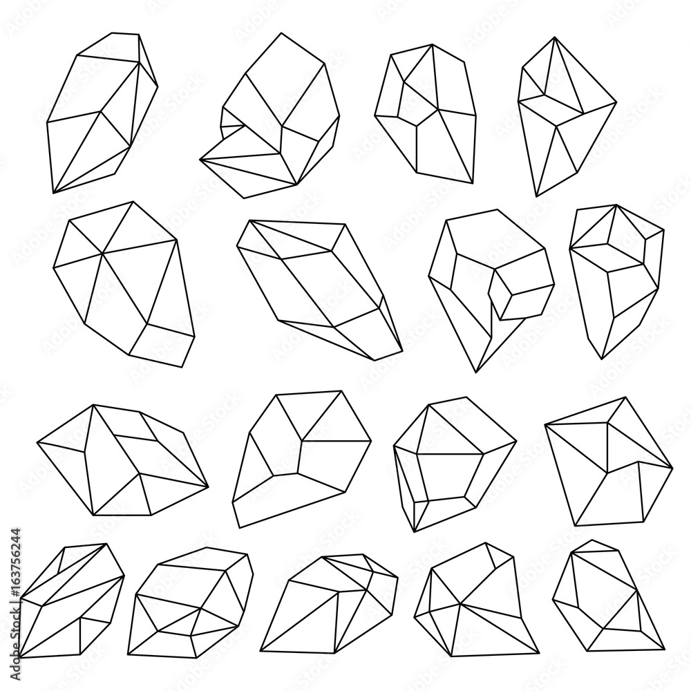 Poster diamond 3d shapes. natural crystals outline. gem stones vector set - Posters