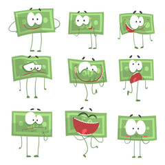 Cute funny humanized banknotes showing different emotions set of colorful characters vector Illustrations