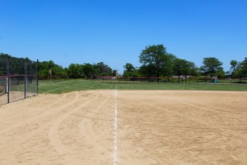 A view of a baseball diamond from standing on home plate.