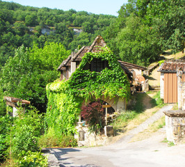 Fototapeta na wymiar Maison recouverte de vigne vierge à Rocamadour France
