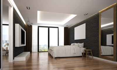 The interior of modern bedroom and service apartment design  and black texture wall