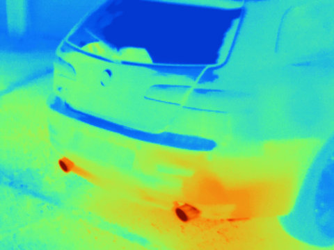Thermal image of exhaust system on rear end of car
