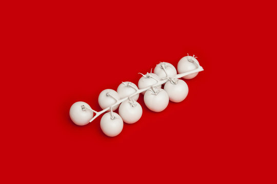 Tomatoes on the vine painted white on red background
